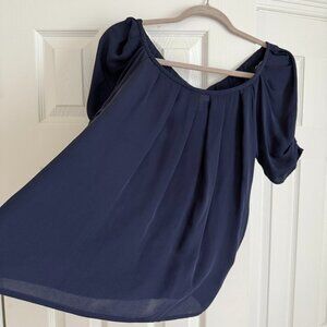 JOIE blue short ruched sleeve tie back round neck 100% silk blouse S